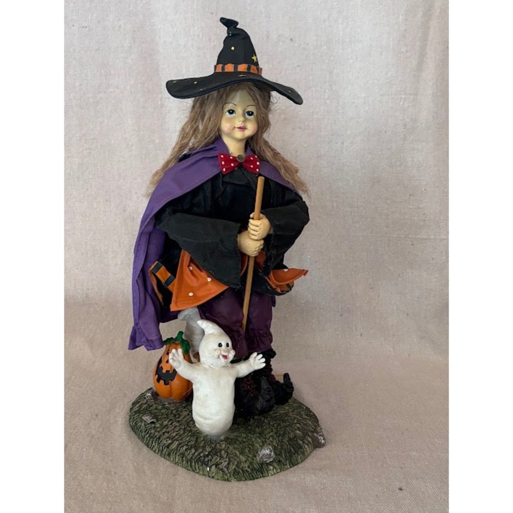 Vintage Halloween‎ Fabric Mache Witch Figurine with Broom, Ghost, and Pumpkin